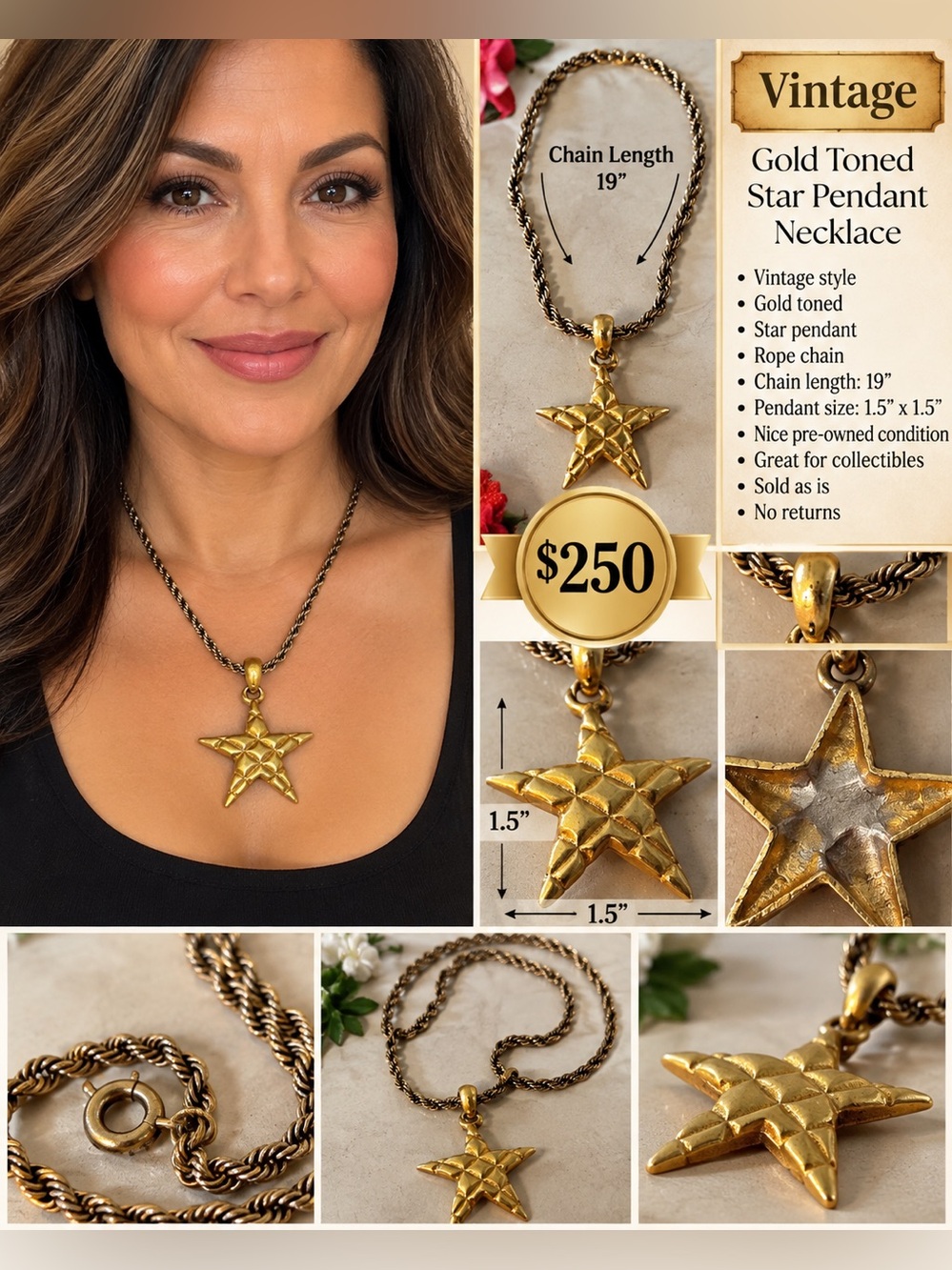 Vintage Gold Starfish pendant Twisted Rope Gold Necklace